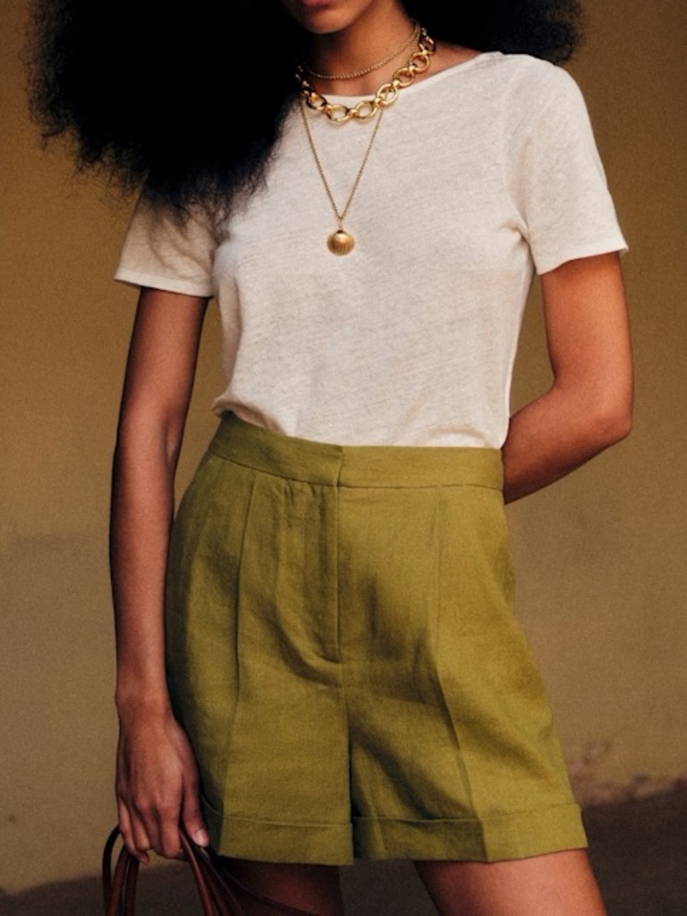 Sezane Olive Green High-Waist Linen Blend Shorts